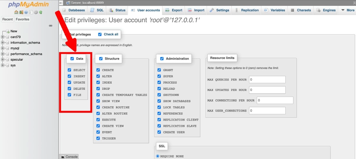 privilegii de utilizator phpmyadmin