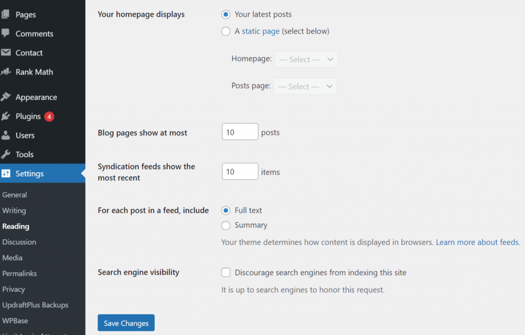 WordPress Reading Settings