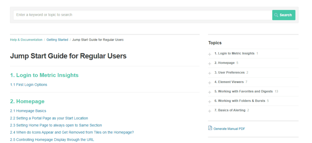 Portal de conocimiento del usuario final de Metric Insights.