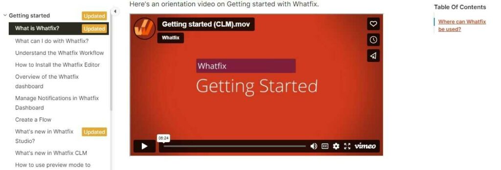 Tabla de contenido de Whatfix y video de introducción en la base de conocimientos