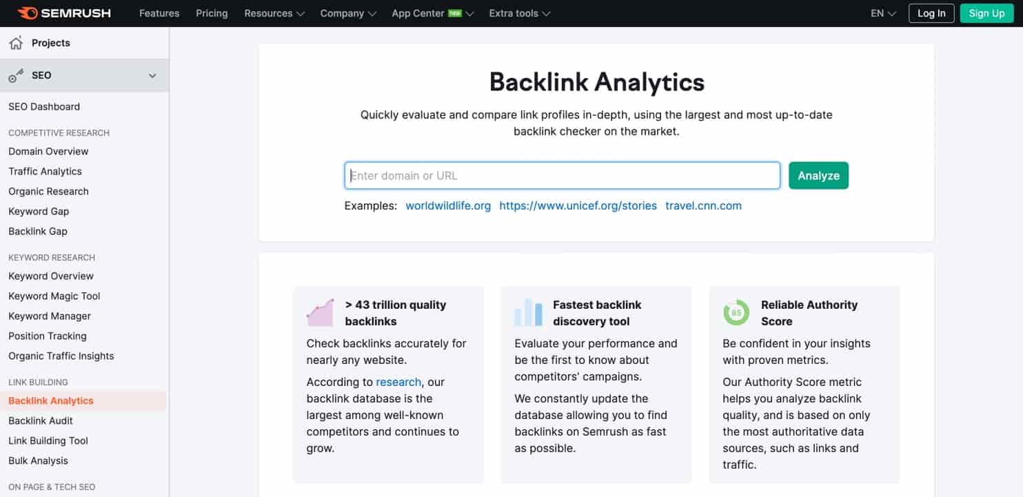 Podría decirse que Semrush es el mejor verificador de backlinks del mercado, con una base de datos masiva de datos de backlinks.