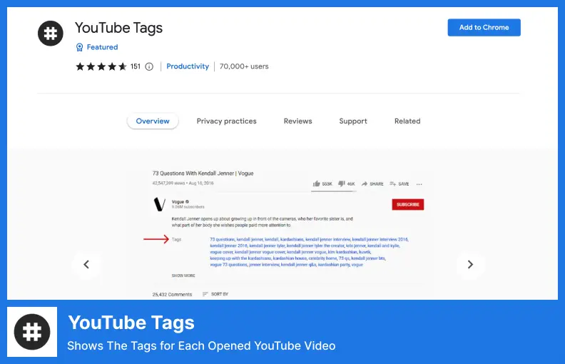 Etiquetas de YouTube: muestra las etiquetas de cada video de YouTube abierto