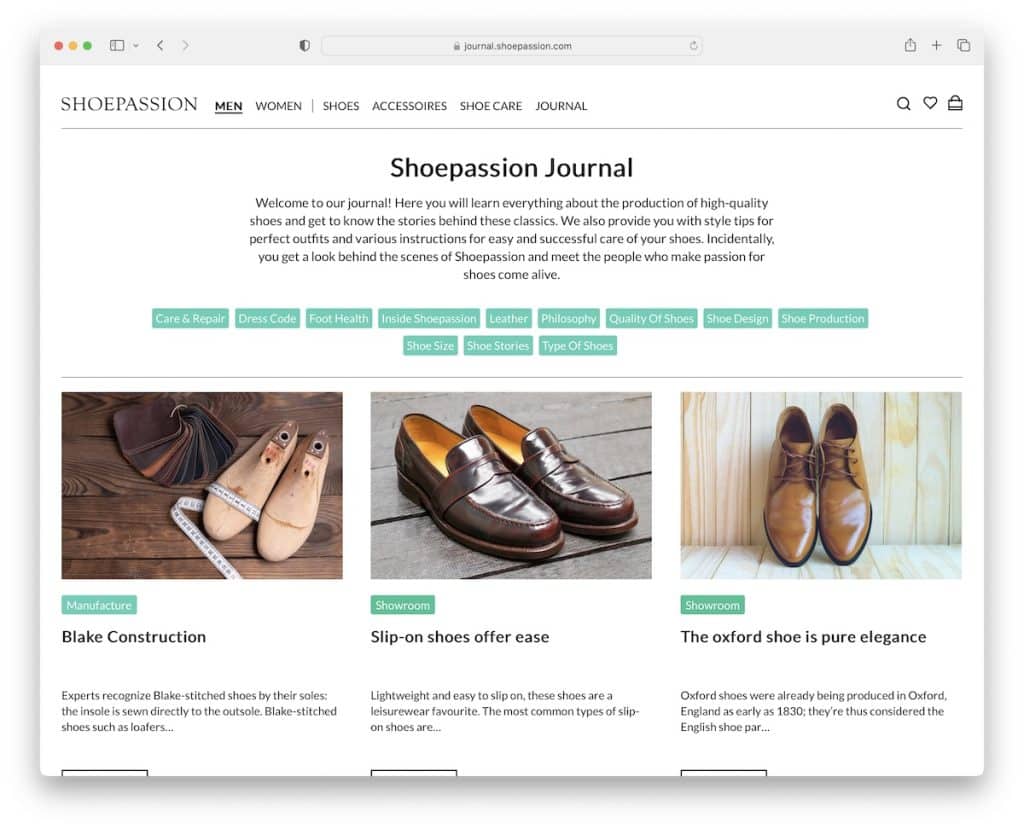 ejemplo de blog de shopify de shoepassion