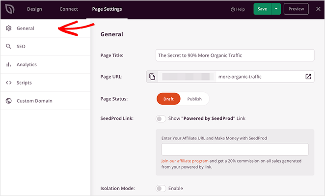 Landing page settings