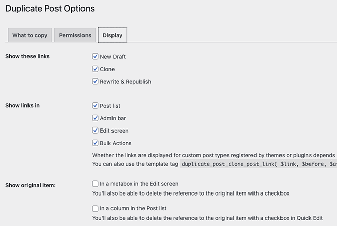 Duplicate post display options