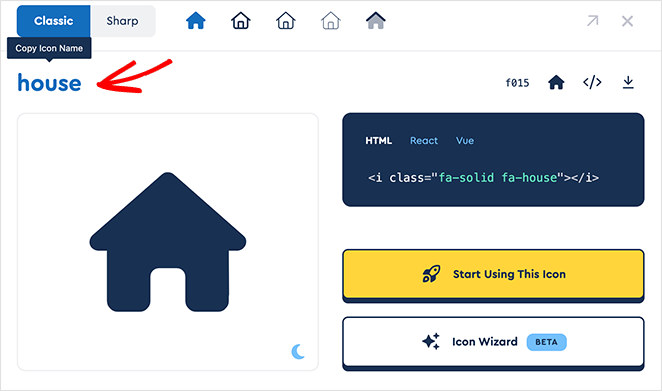 Copy the font awesome icon name