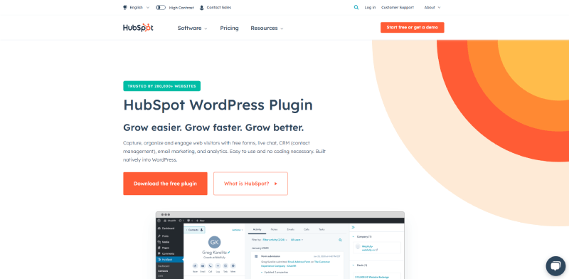 Captura de pantalla del complemento de WordPress de HubSpot