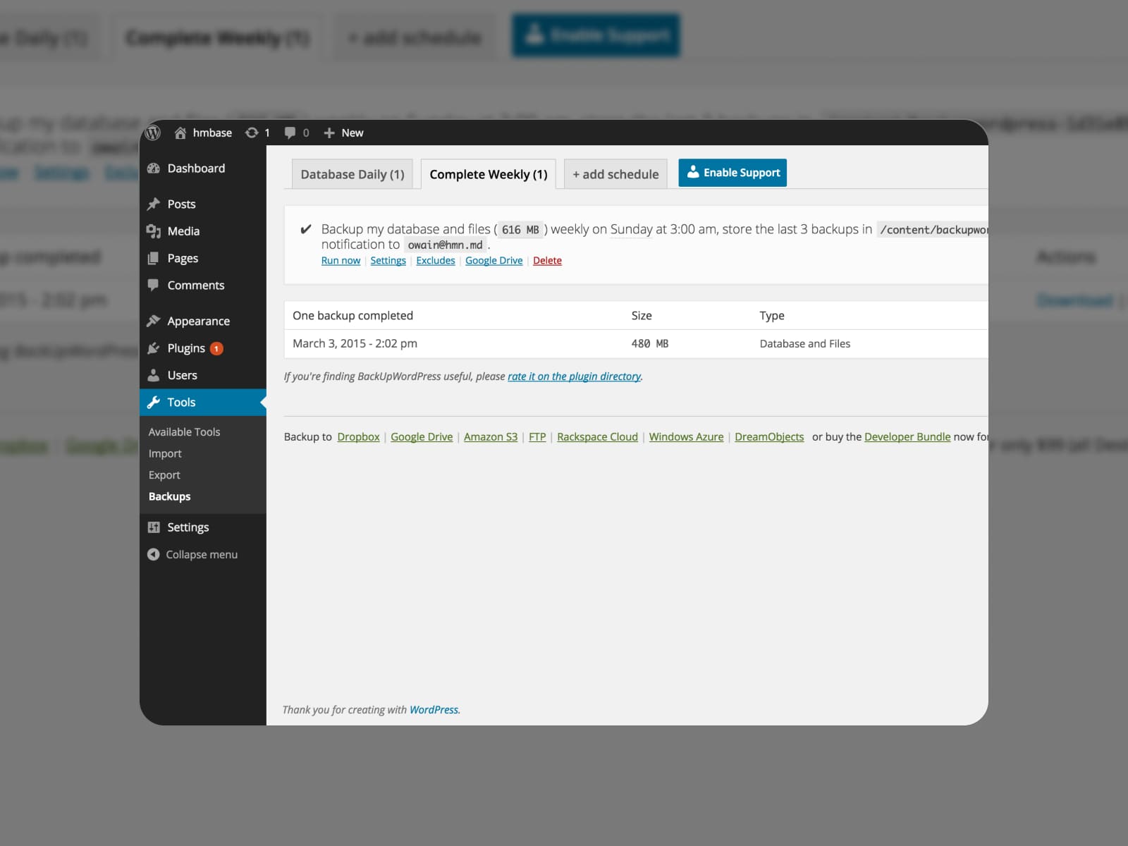 Tab Cadangan di dasbor WordPress dari plugin BackUp WordPress.