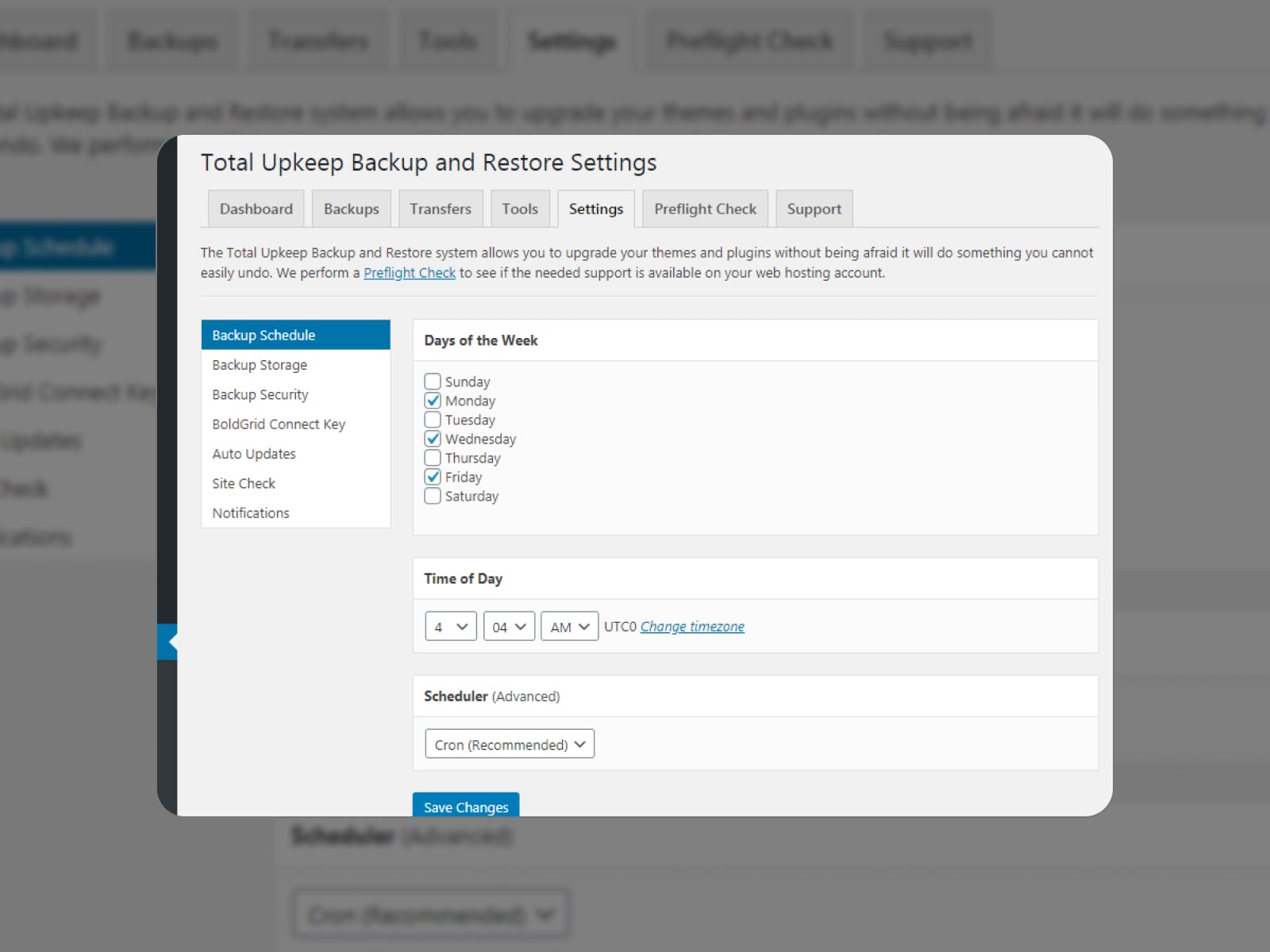 Cuplikan layar pengaturan pencadangan dan pemulihan plugin Total Upkeep untuk pencadangan WordPress.