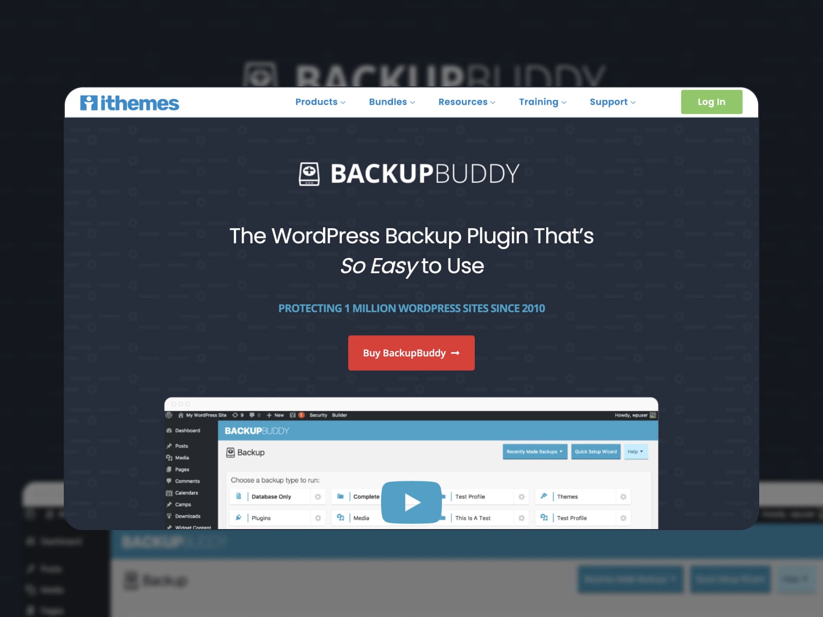 BackupBuddy バックアップ プラグイン ホームページのスクリーンショット (濃い青と白)。