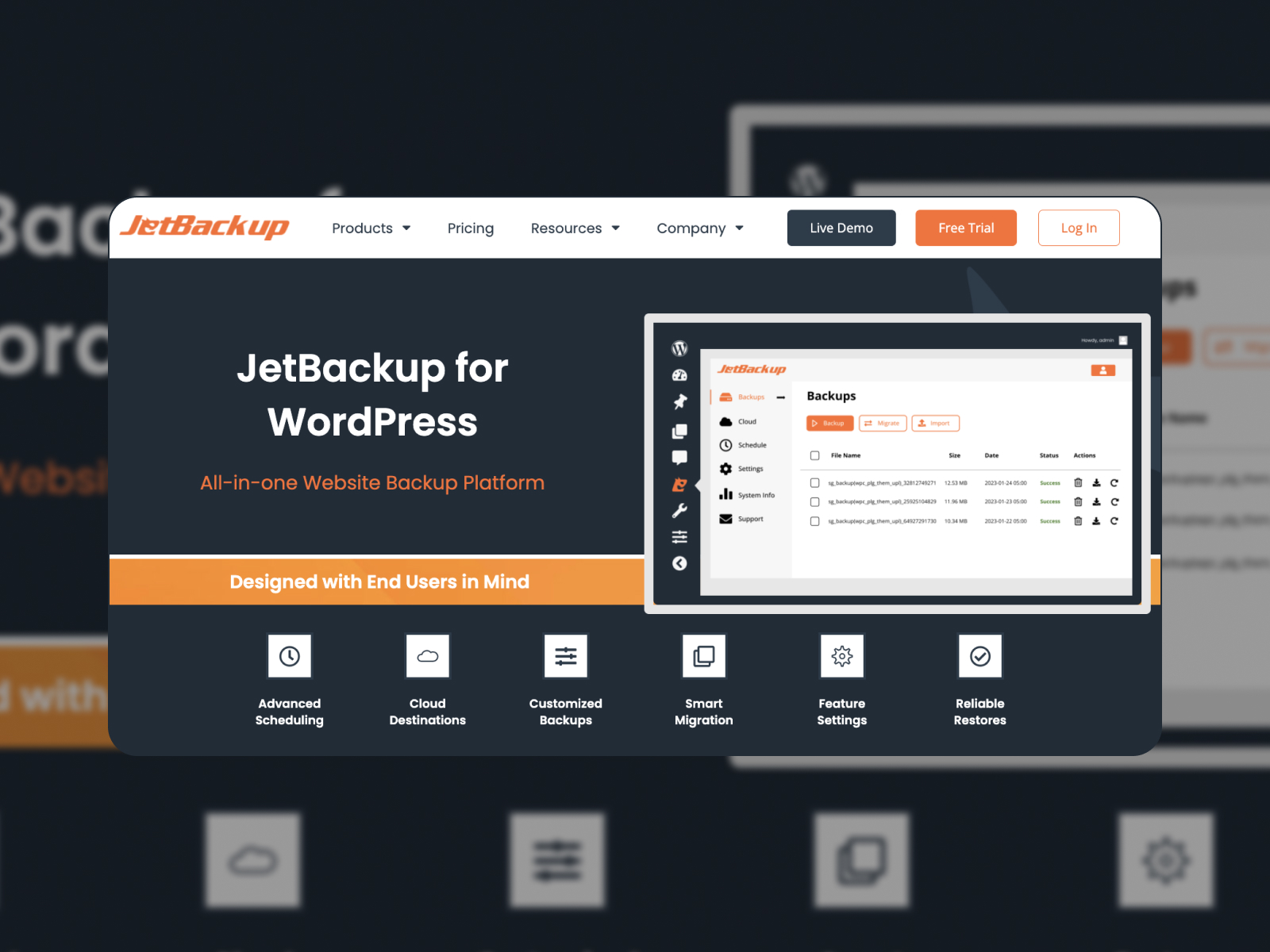 JetBackup eklentisi ana sayfasının siyah, beyaz ve turuncu renklerde kolajı.