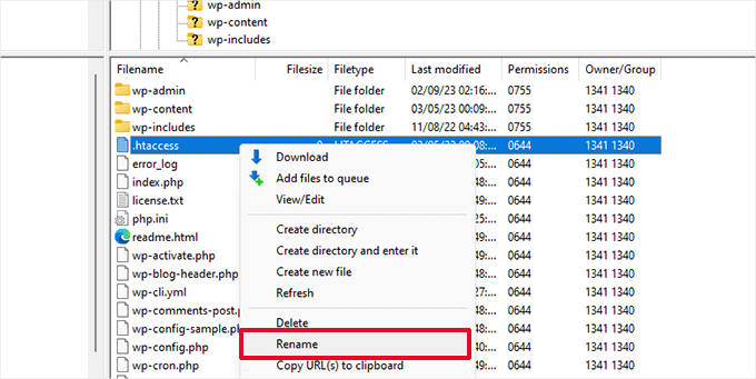 Rename .htaccess file