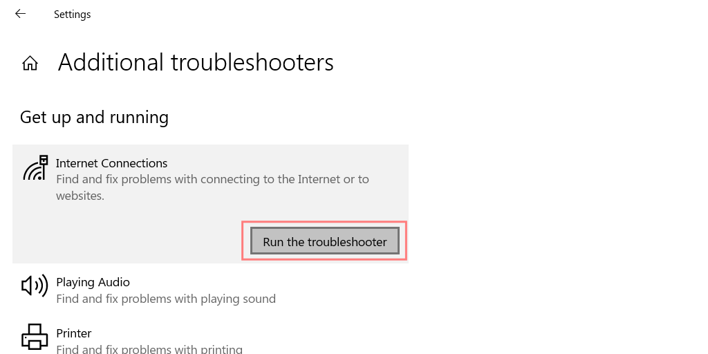 Running the Internet Connection troubleshooter in Windows 10