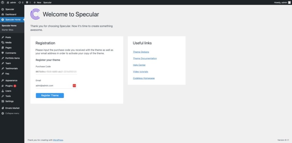 註冊 Specular WordPress 主題