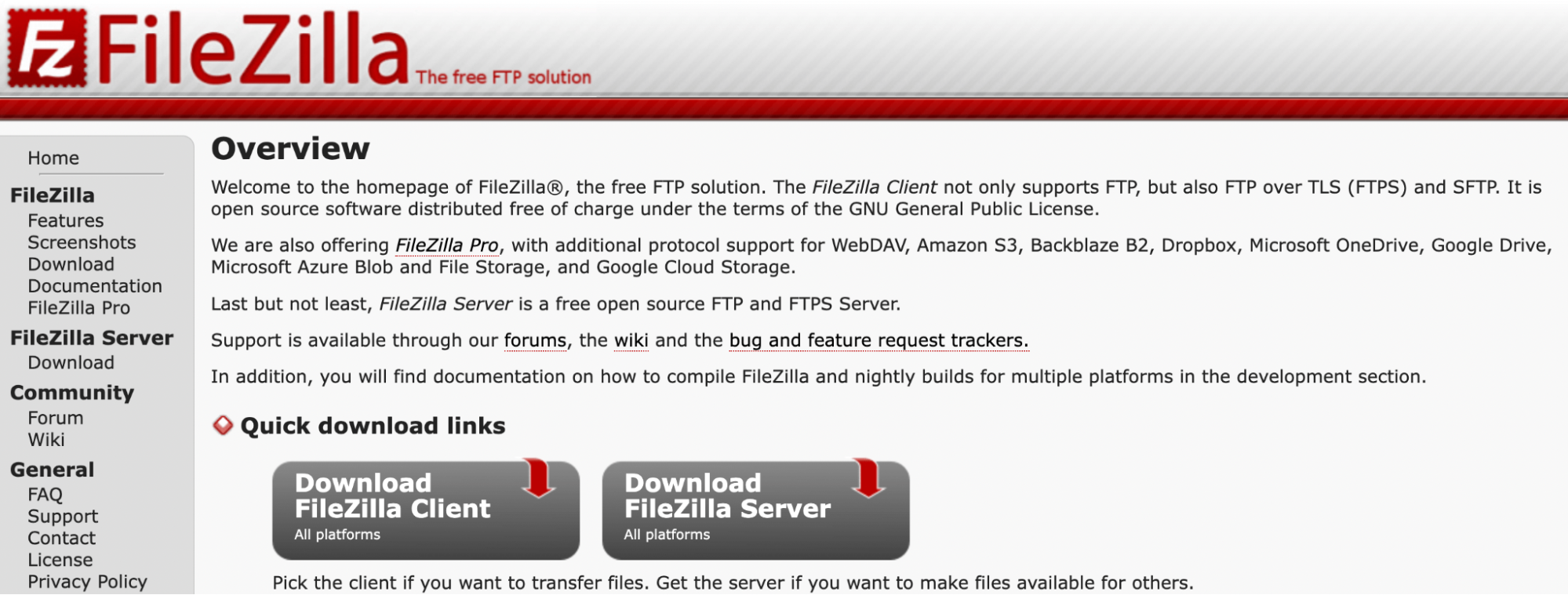 FileZilla ana sayfası