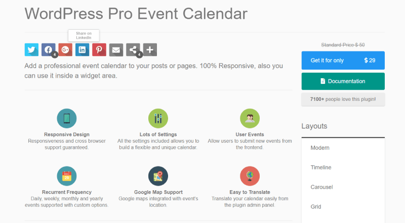 Schermata del calendario degli eventi di wordpress pro