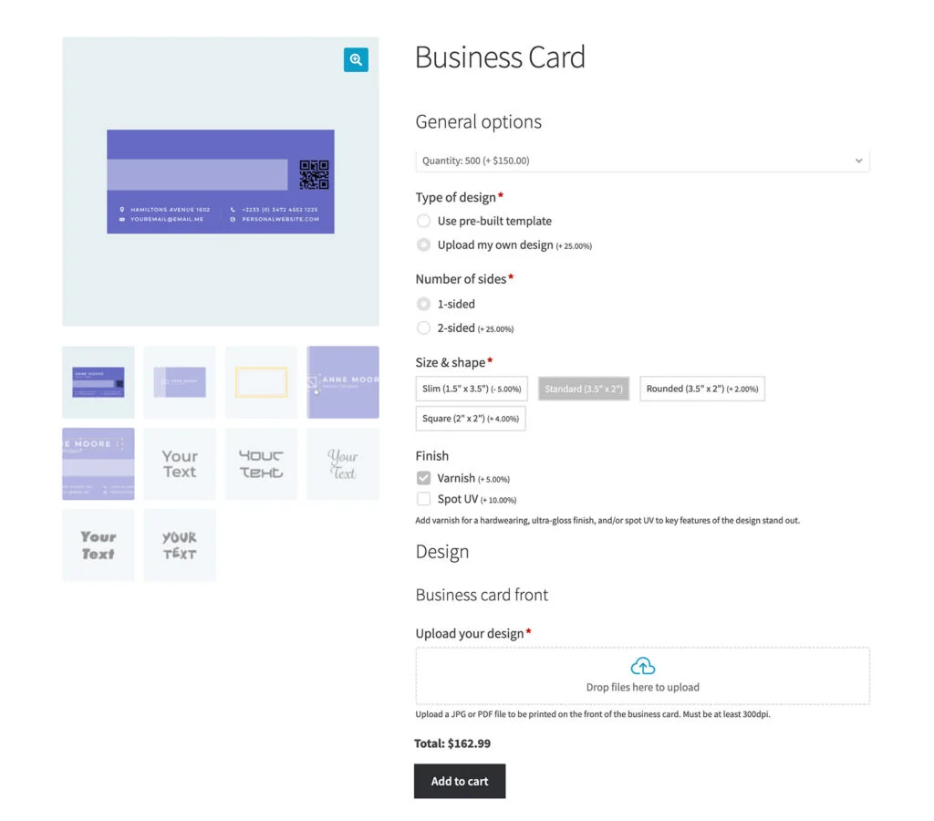 WooCommerce Print On Demand Impresión de tarjetas de presentación Carga de imágenes