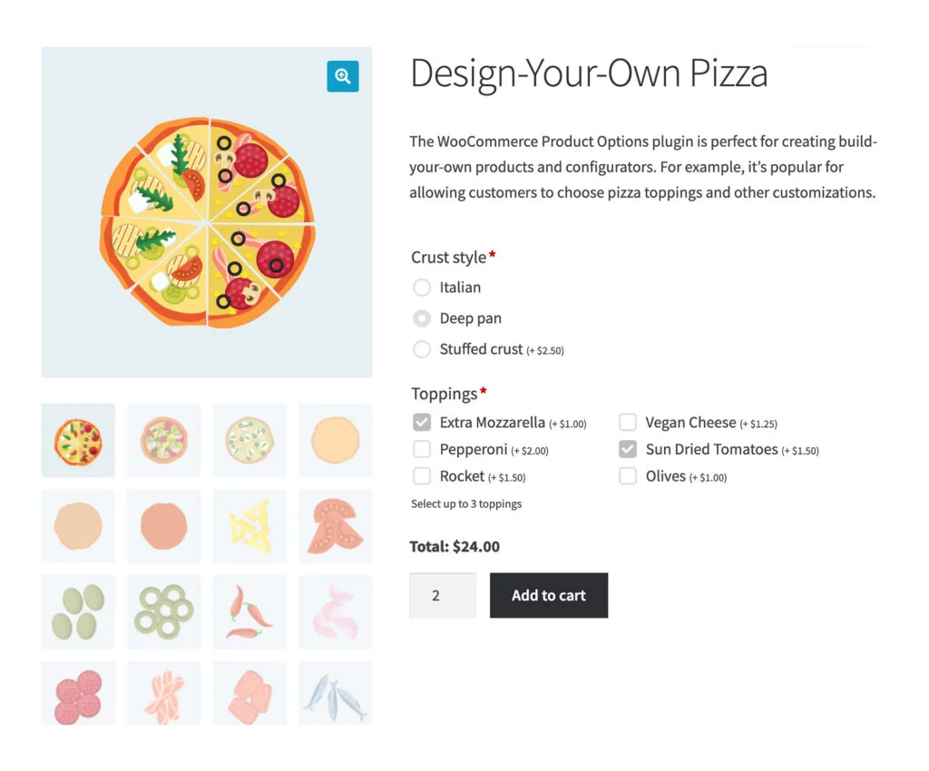 Opciones de producto de WooCommerce Captura de pantalla Configurador de pizza Casillas de verificación Botones de radio