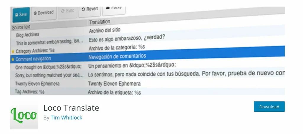 captură de ecran a paginii de plugin Loco Translate