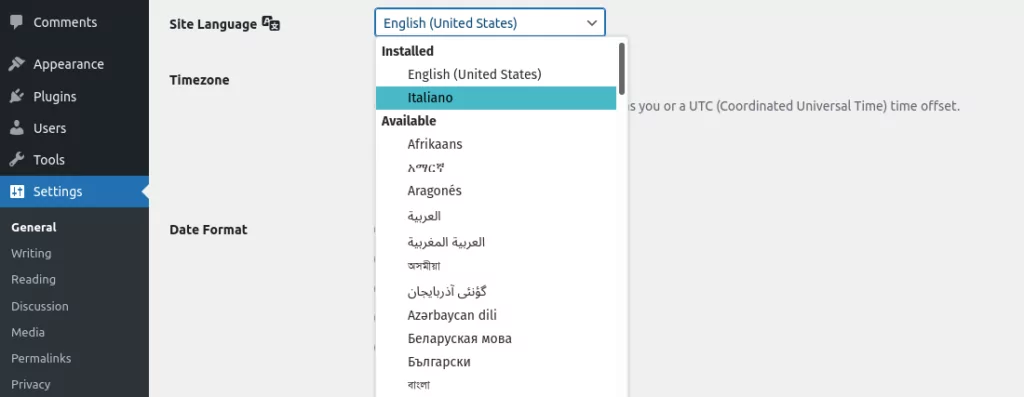 captura de pantalla del menú de configuración del panel de WordPress