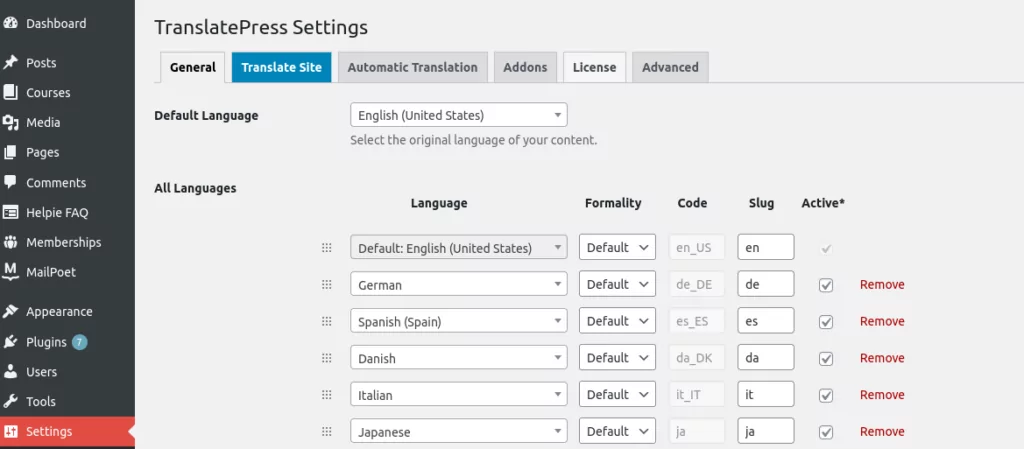 captură de ecran a meniului TranslatePress