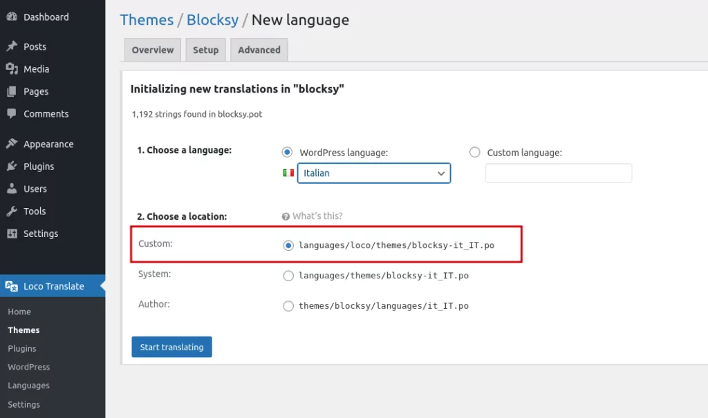 Loco Translate メニューのスクリーンショット