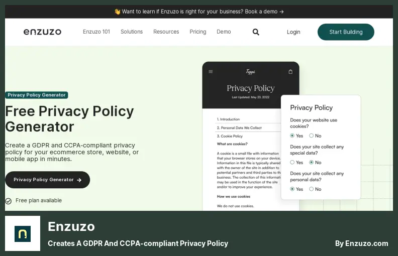 Enzuzo — создает политику конфиденциальности, соответствующую GDPR и CCPA.