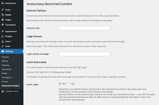 Página de configurações do plug-in de conteúdo restrito anônimo