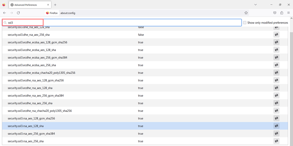 List of all SSL3 configurations in Firefox