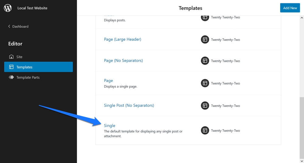 trova il singolo modello wordpress nell'editor del sito