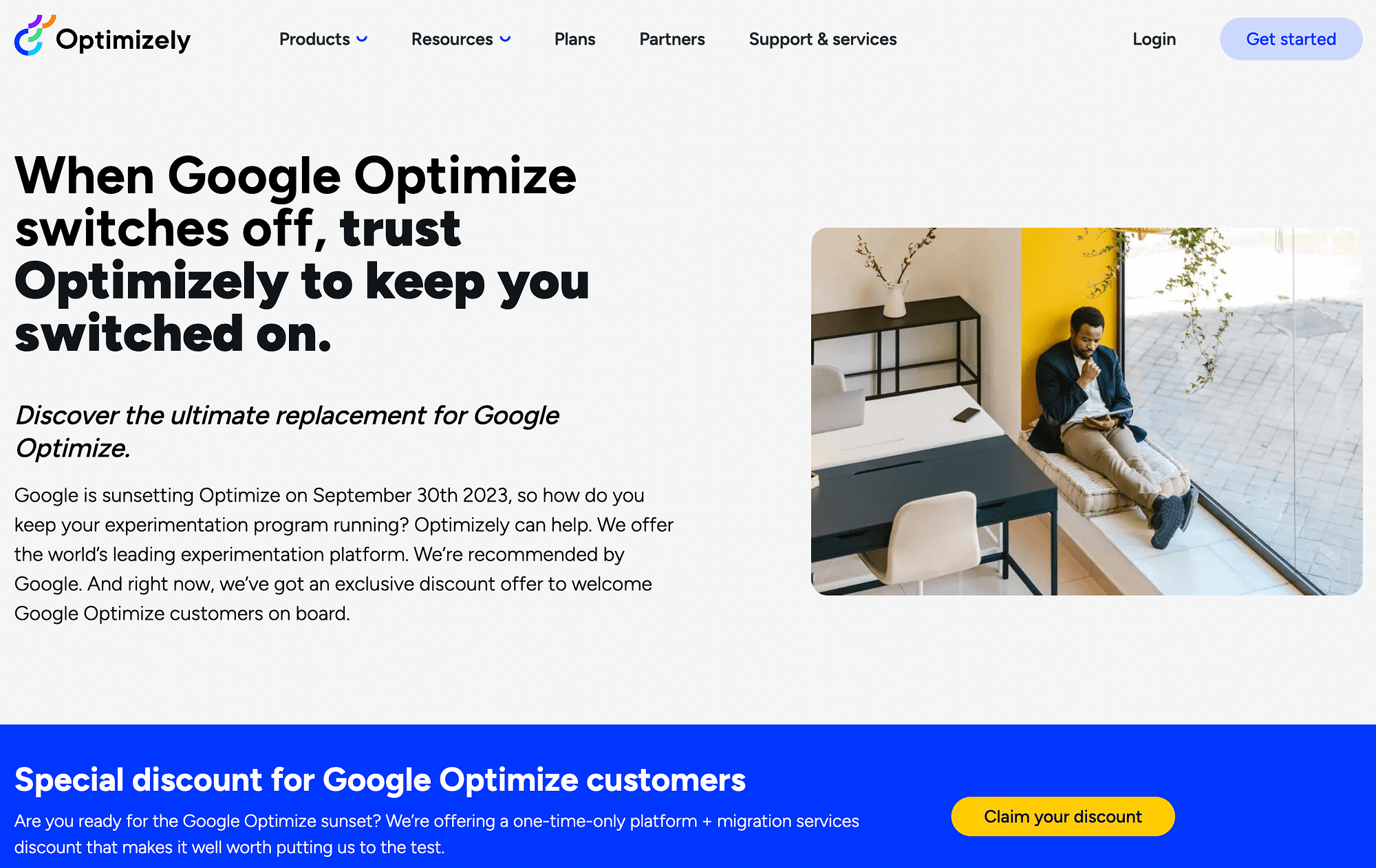 Optimizely は、Google オプティマイズからの移行サービスに加えて、Google オプティマイズの顧客向けの割引料金を提供します