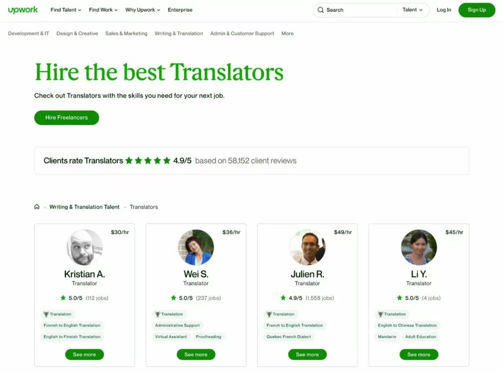 Upwork es uno de los mejores mercados de traducción freelance para sitios web y otros casos de uso