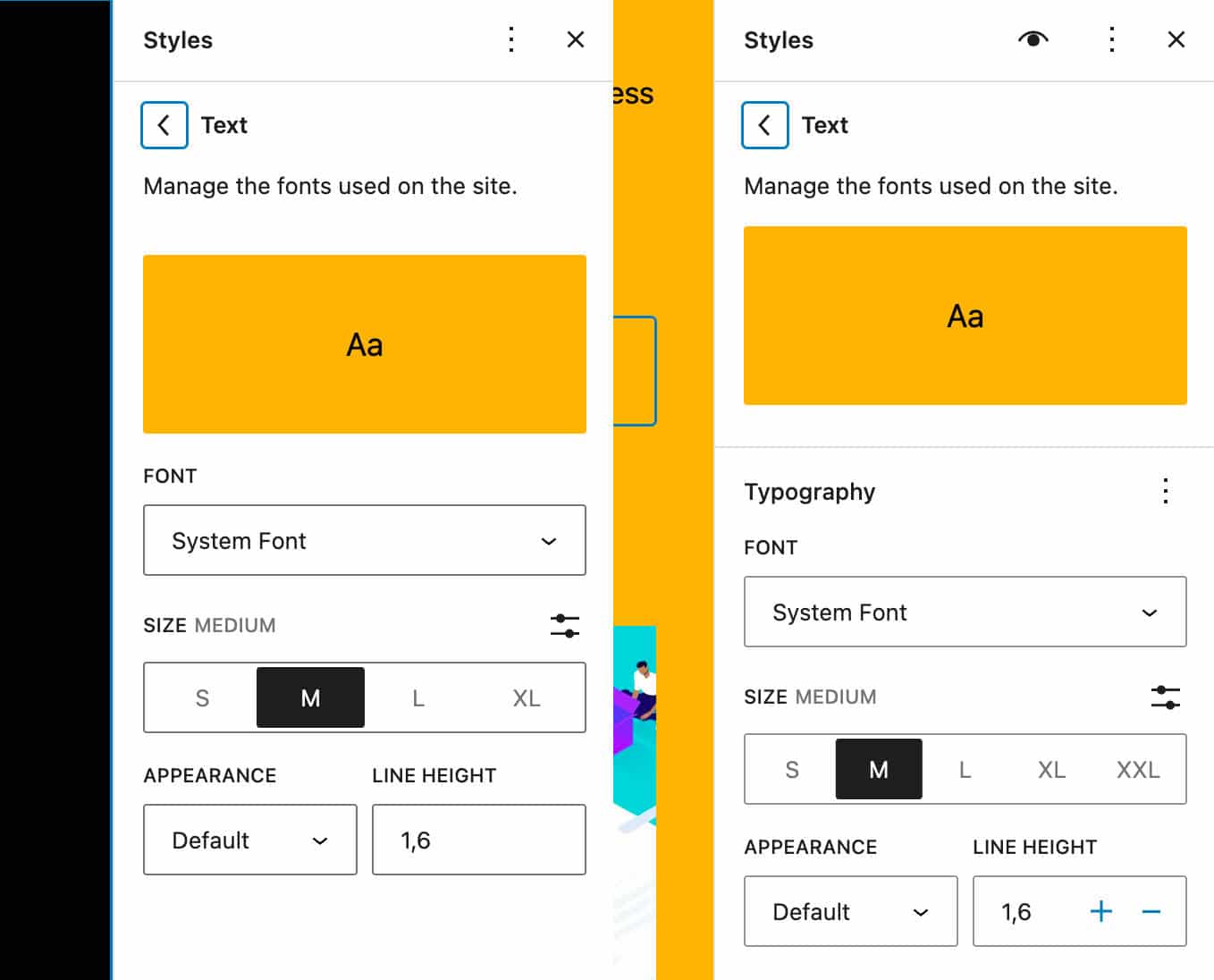 Controlli tipografici in WordPress 6.1 rispetto a WordPress 6.2