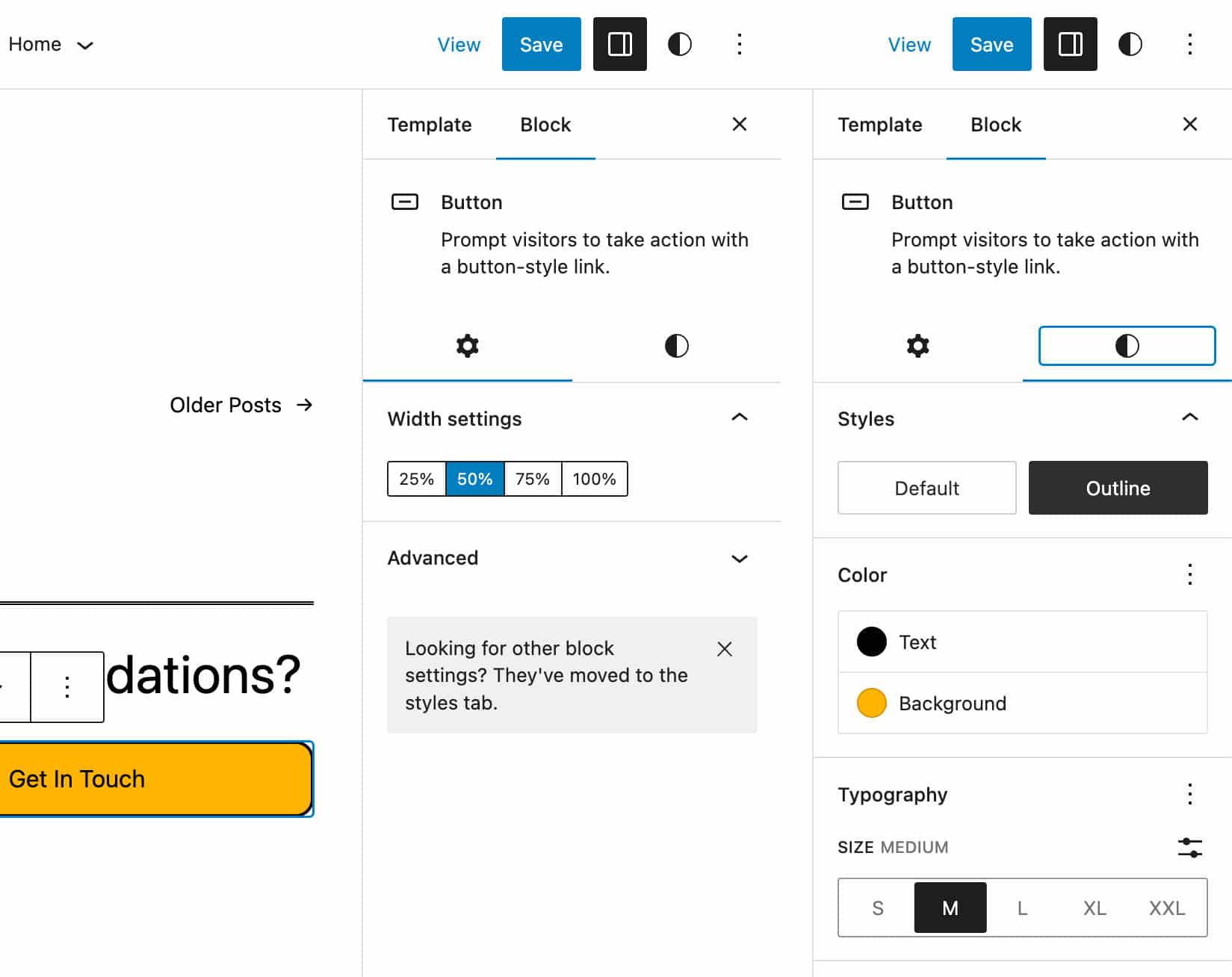 La nuova barra laterale delle impostazioni a schede per un blocco Button in WordPress 6.2