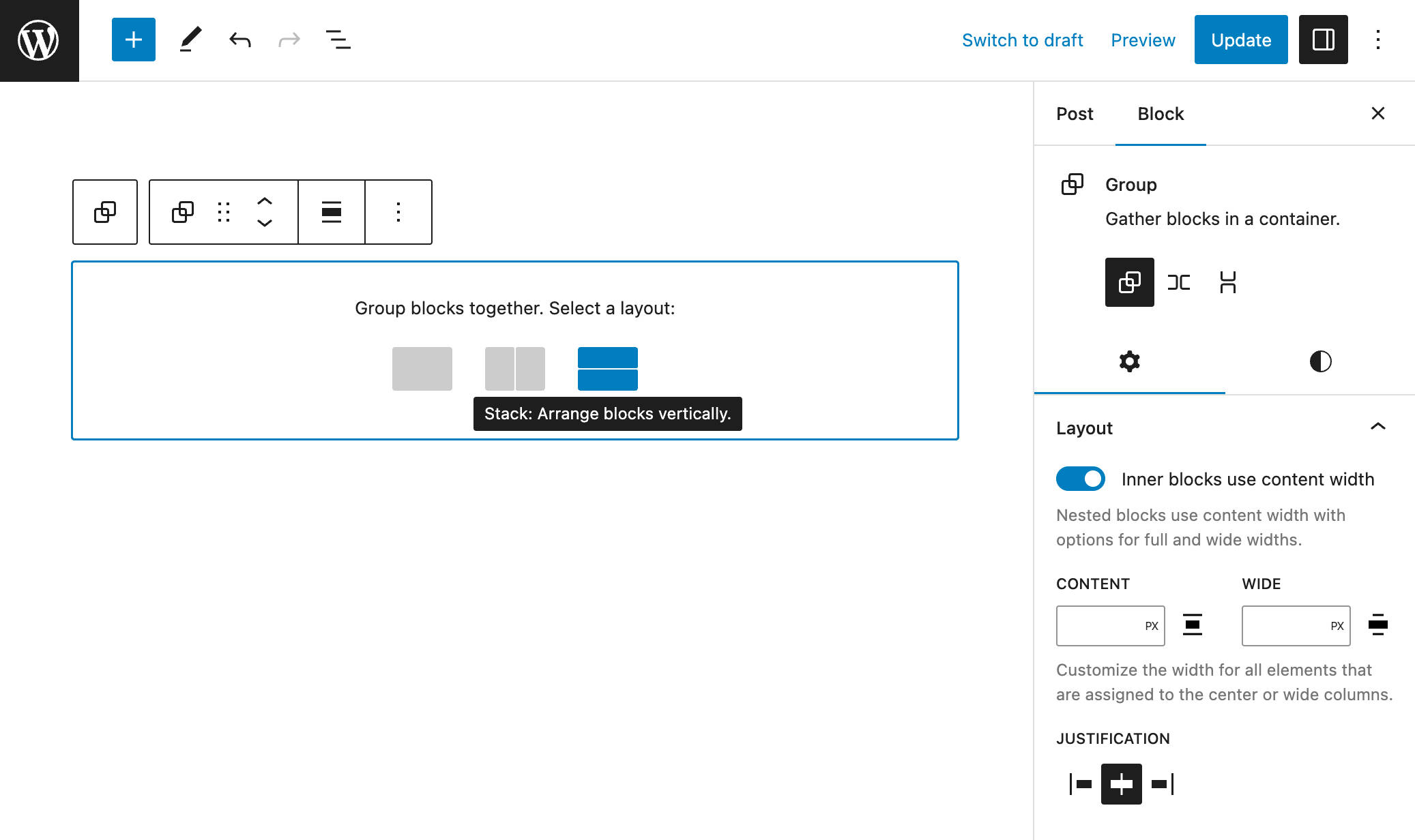 Il segnaposto del blocco di gruppo in WordPress 6.2