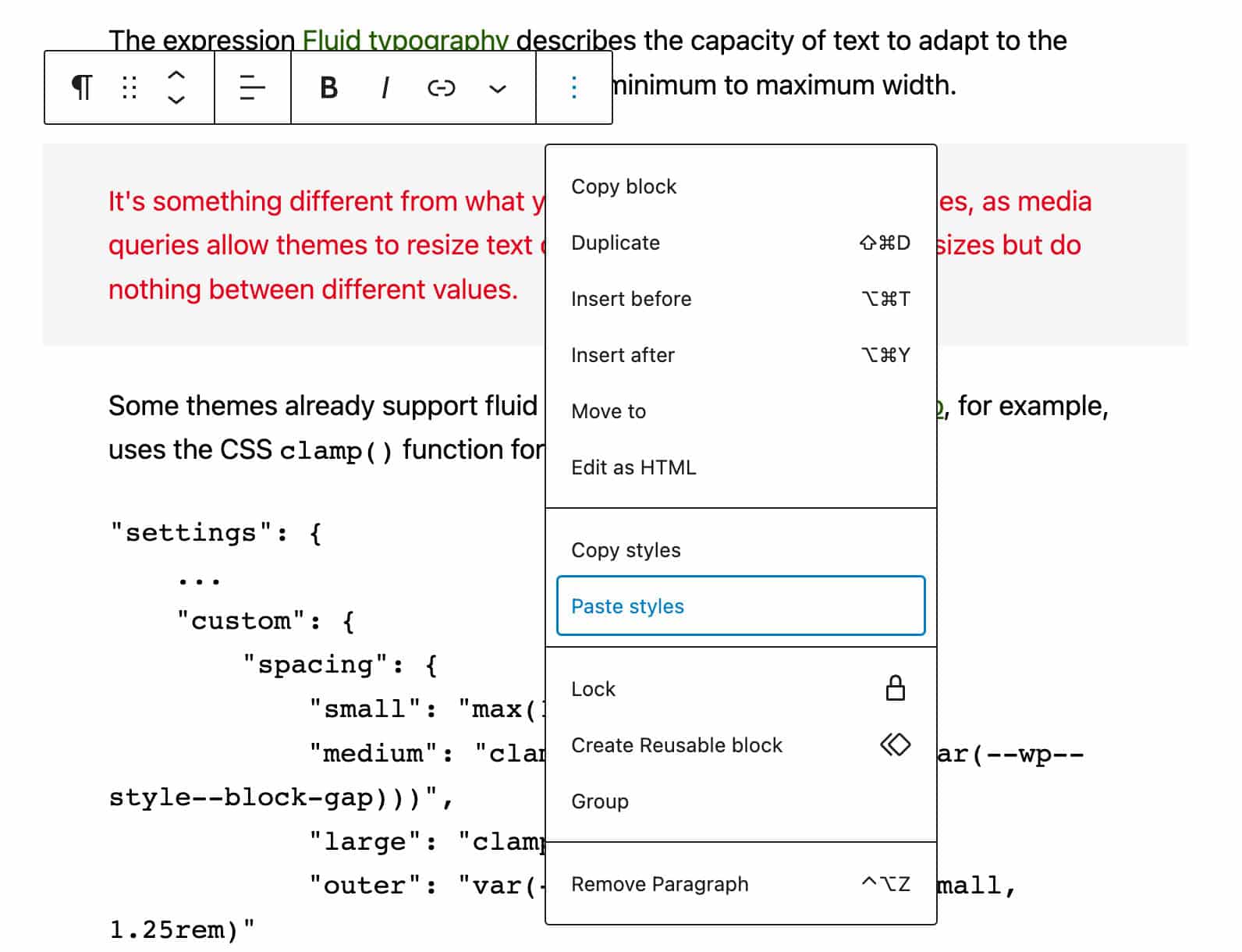 Incolla stili in WordPress 6.2