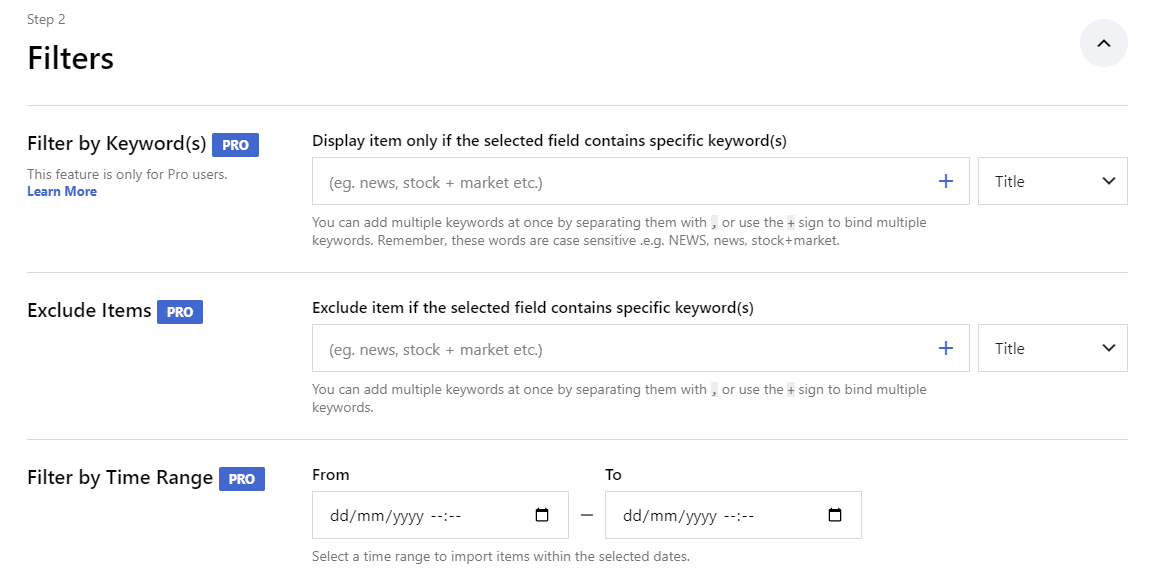 Pemfilteran kata kunci di Feedzy.