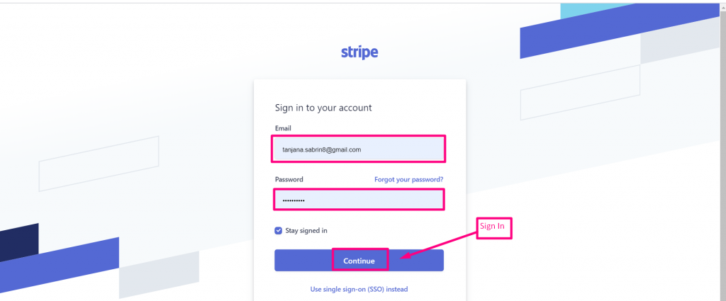 login para stripe para chaves