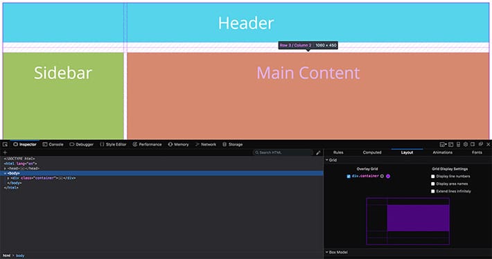 Captura de pantalla de CSS Grid Playground de Firefox