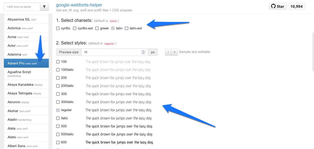 pilih font charset dan gaya di google webfonts helper