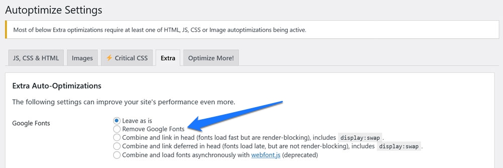 Entfernen Sie Google-Schriftarten über die Einstellungen zur automatischen Optimierung