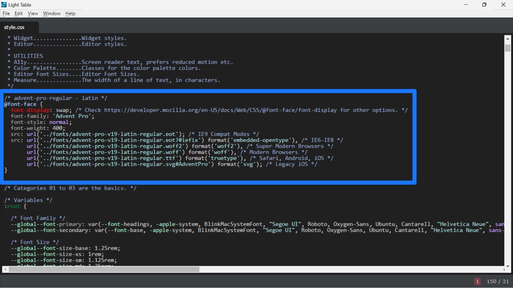 incolla il markup css per i caratteri locali nel foglio di stile wordpress