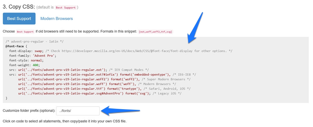 copia il markup css per ospitare i caratteri localmente in google webfonts helper