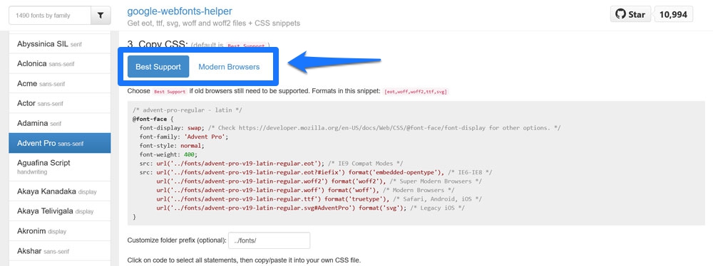 choisir les formats de fichiers dans l'assistant google webfonts