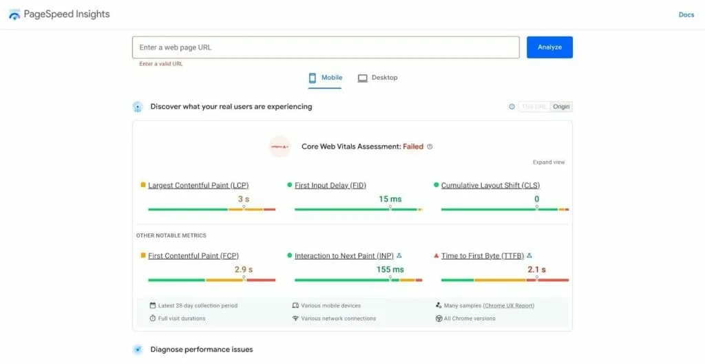 tema woocommerce compatível com dispositivos móveis: insights de velocidade de página do google