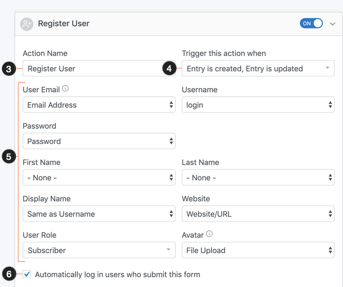 Registrar configuración de acciones de usuario