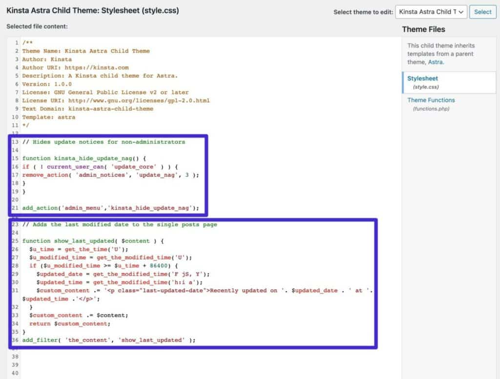 Un ejemplo del uso de comentarios de código para documentar fragmentos en el archivo functions.php.