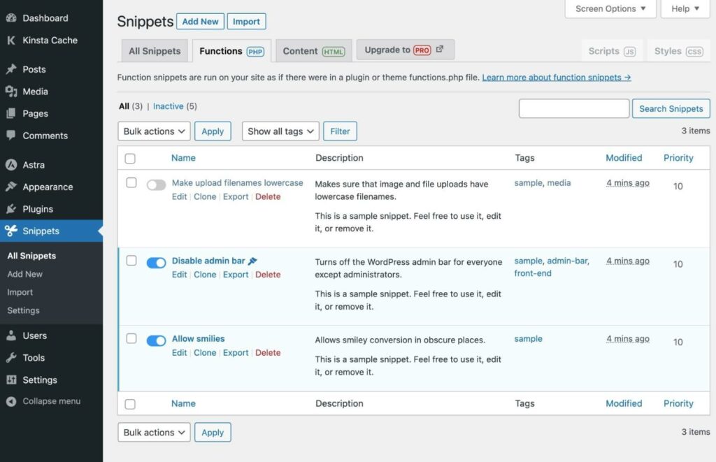 Cómo administrar fragmentos en Code Snippets.