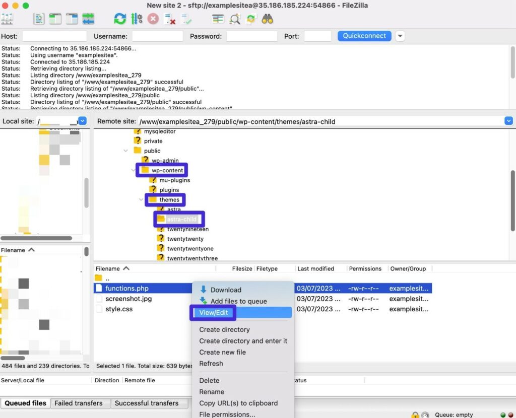 如何使用 FileZilla 编辑 functions.php 文件。