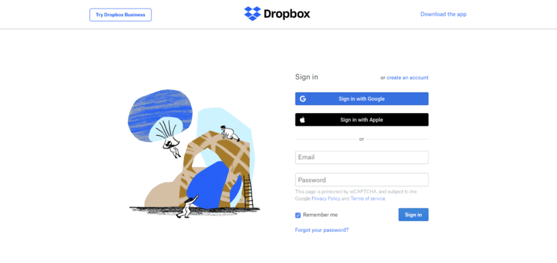 Une capture d'écran de la page de connexion de Dropbox avec une œuvre d'art abstraite bleue sur la gauche.